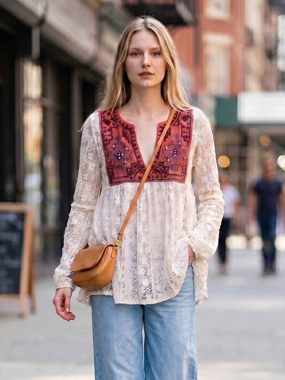 Free People Boho Lace Peasant Top with Embroidered Lace Sheer Medium